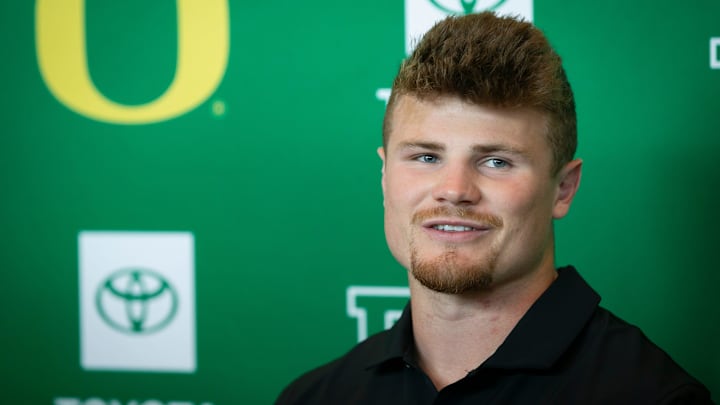 Oregon’s Bryce Boettcher speaks during Oregon football’s media day Monday, July 29, 2024 at Autzen Stadium in Eugene, Ore.