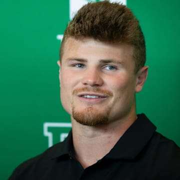 Oregon’s Bryce Boettcher speaks during Oregon football’s media day Monday, July 29, 2024 at Autzen Stadium in Eugene, Ore.