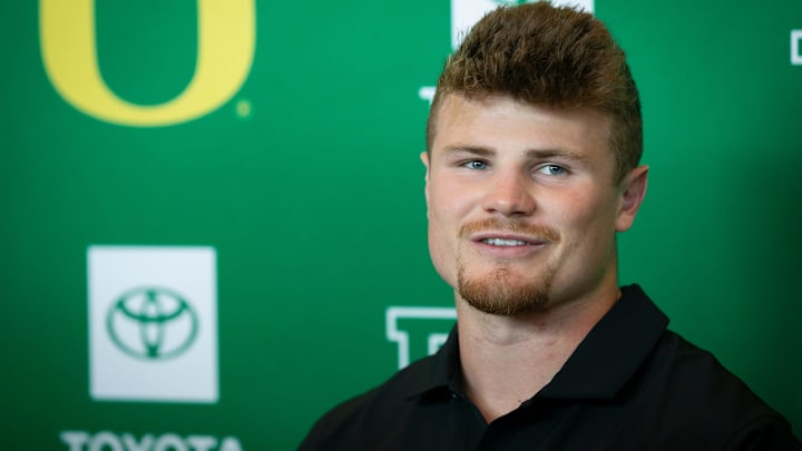 Oregon’s Bryce Boettcher speaks during Oregon football’s media day Monday, July 29, 2024 at Autzen Stadium in Eugene, Ore.