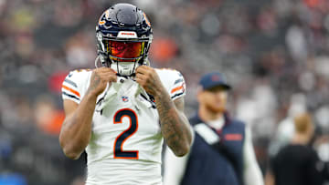 Sep 28, 2025; Paradise, Nevada, USA; Chicago Bears wide receiver DJ Moore (2) warms up prior to the game against the Las Vegas Raiders at Allegiant Stadium. Mandatory Credit: Stephen R. Sylvanie-Imagn Images