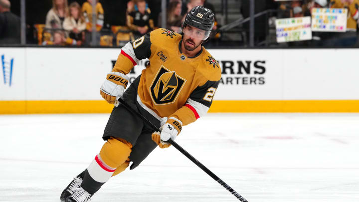 May 3, 2024; Las Vegas, Nevada, USA; Vegas Golden Knights center Chandler Stephenson (20) warms up before the start of game six against the Dallas Stars in the first round of the 2024 Stanley Cup Playoffs at T-Mobile Arena. Mandatory Credit: Stephen R. Sylvanie-USA TODAY Sports