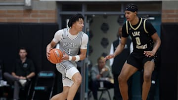 Houston basketball signee Isiah Harwell (left) goes up against another future Cougar, Chris Cenac