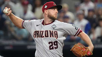 Arizona Diamondbacks starting pitcher Merrill Kelly (29) throws a pitch against the Texas Rangers during the first inning in game two of the 2023 World Series at Globe Life Field on Oct. 28, 2023, Arlington, Texas.