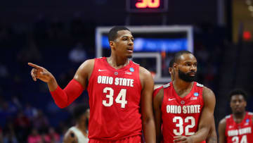Mar 24, 2019; Tulsa, OK, USA; Ohio State Buckeyes forward Kaleb Wesson (34) and guard Keyshawn Woods (32) against the Houston Cougars in the second round of the 2019 NCAA Tournament at BOK Center. Mandatory Credit: Mark J. Rebilas-USA TODAY Sports