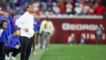 Nov 1, 2025; Jacksonville, Florida, USA; Florida Gators interim head coach Billy Gonzales looks on from the sideline during the second half against the Georgia Bulldogs at EverBank Stadium. Mandatory Credit: Matt Pendleton-Imagn Images