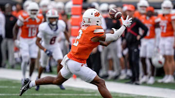 Oklahoma State wide receiver Terrill Davis catches a pass and runs out of bounds in the first quarter during an NCAA football game between Oklahoma State (OSU) and UT Martin in Stillwater, Okla., on Thursday, Aug. 28, 2025.