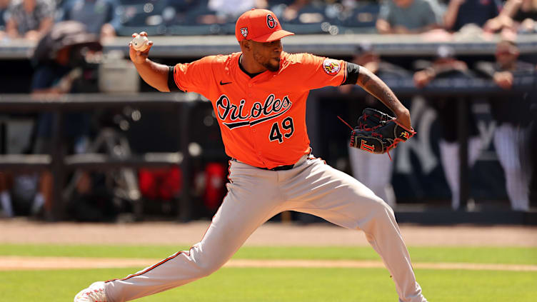 Mar 11, 2024; Tampa, Florida, USA; Baltimore Orioles pitcher Julio Teheran (49) throws a pitch during the first inning against the New York Yankees at George M. Steinbrenner Field. Mandatory Credit: Kim Klement Neitzel-USA TODAY Sports