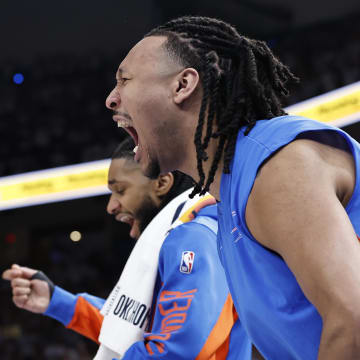 Apr 21, 2024; Oklahoma City, Oklahoma, USA; Oklahoma City Thunder forward Jaylin Williams (6) reacts to a play against the New Orleans Pelicans during the fourth quarter of game one of the first round for the 2024 NBA playoffs at Paycom Center. Mandatory Credit: Alonzo Adams-USA TODAY Sports