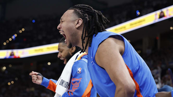 Apr 21, 2024; Oklahoma City, Oklahoma, USA; Oklahoma City Thunder forward Jaylin Williams (6) reacts to a play against the New Orleans Pelicans during the fourth quarter of game one of the first round for the 2024 NBA playoffs at Paycom Center. Mandatory Credit: Alonzo Adams-USA TODAY Sports