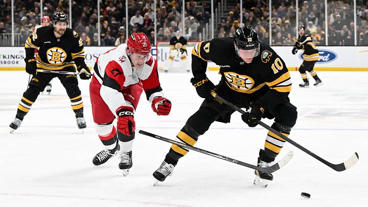 Nov 17, 2025; Boston, Massachusetts, USA; Carolina Hurricanes defenseman Alexander Nikishin (21) defends Boston Bruins left wing Riley Tufte (10) during the first period at the TD Garden. Mandatory Credit: Brian Fluharty-Imagn Images