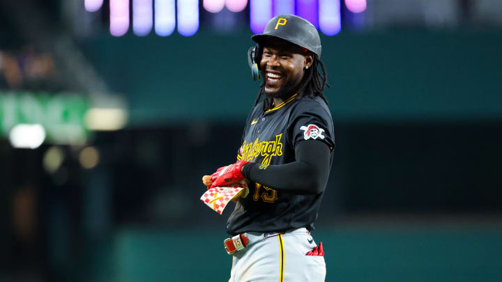 Pittsburgh Pirates designated hitter Oneil Cruz (15) laughs during the ninth inning against the Texas Rangers at Globe Life Field. 