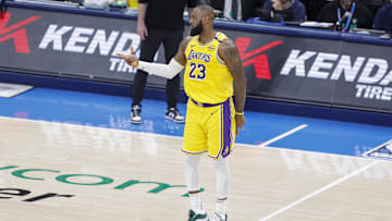 Apr 8, 2025; Oklahoma City, Oklahoma, USA; Los Angeles Lakers forward LeBron James (23) gestures after scoring a three point basket against the Oklahoma City Thunder during the second half at Paycom Center. Mandatory Credit: Alonzo Adams-Imagn Images