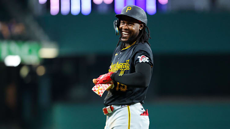 Aug 20, 2024; Arlington, Texas, USA; Pittsburgh Pirates designated hitter Oneil Cruz (15) laughs during the ninth inning against the Texas Rangers at Globe Life Field. Mandatory Credit: Kevin Jairaj-USA TODAY Sports