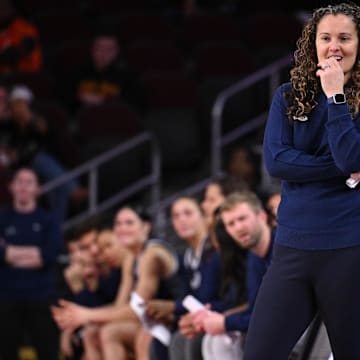 Penn State women's basketball coach Carolyn Kieger watches the action during a Big Ten game against the USC Trojans.