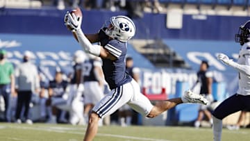 Nov 21, 2020; Provo, UT, USA; BYU wide receiver Dax Milne makes a reception for a first down in the second quarter against North Alabama during an NCAA college football game Saturday, Nov. 21, 2020, in Provo, Utah. Mandatory Credit: Jeff Swinger/Pool Photo-USA TODAY NETWORK