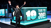 Nov 23, 2024; San Jose, California; San Jose Sharks former player Joe Thornton waves to the crowd following a ceremony honoring him and retiring his number 19 jersey before a game between the San Jose Sharks and the Buffalo Sabres at SAP Center. Mandatory Credit: Ezra Shaw/Pool Photo via Imagn Images