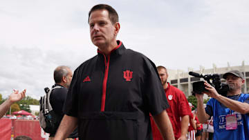 Aug 31, 2024; Bloomington, Indiana, USA; Indiana Hoosiers head coach Curt Cignetti enters the stadium prior to the game at Memorial Stadium. Mandatory Credit: Robert Goddin-Imagn Images