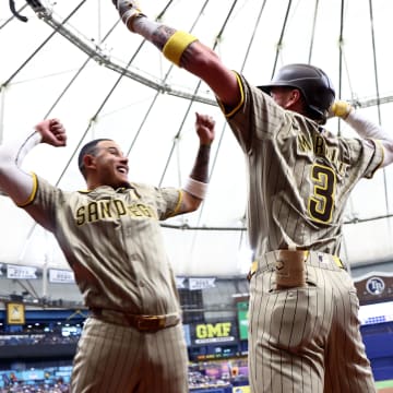 Sep 1, 2024; St. Petersburg, Florida, USA;  San Diego Padres outfielder Jackson Merrill (3) is congratulated by third base Manny Machado (13)  after he hit a 2-run home run against the Tampa Bay Rays during the fourth inning at Tropicana Field. Mandatory Credit: Kim Klement Neitzel-USA TODAY Sports