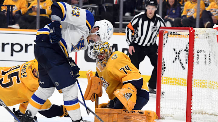 St. Louis Blues left wing Jake Neighbours (63) during the second period at Bridgestone Arena. Mandatory Credit: Christopher Hanewinckel-Imagn Images