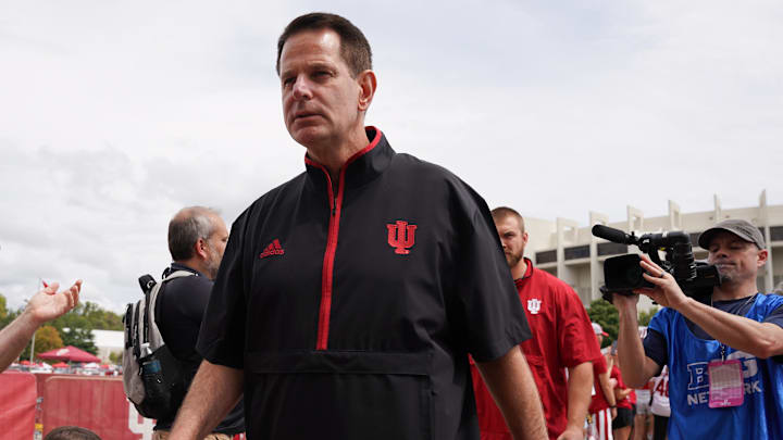 Aug 31, 2024; Bloomington, Indiana, USA; Indiana Hoosiers head coach Curt Cignetti enters the stadium prior to the game at Memorial Stadium. Mandatory Credit: Robert Goddin-Imagn Images