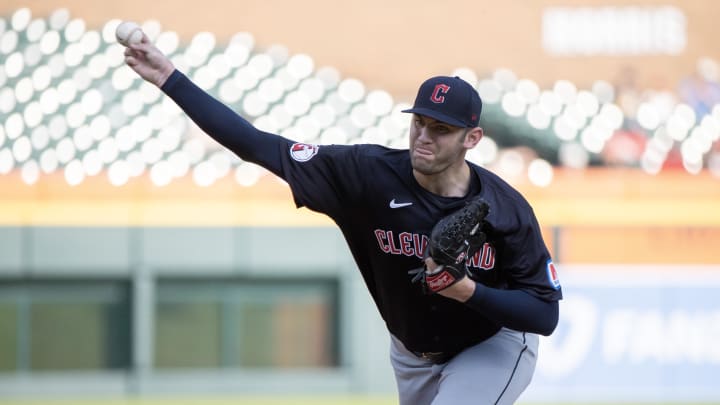 Jul 8, 2024; Detroit, Michigan, USA; Cleveland Guardians starting pitcher Gavin Williams (32) delivers in the first inning against the Detroit Tigers at Comerica Park. Mandatory Credit: David Reginek-USA TODAY Sports