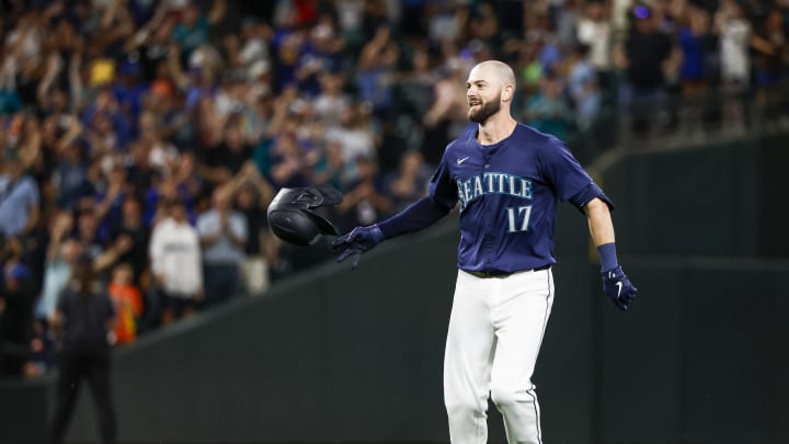 Seattle Mariners right fielder Mitch Haniger (17) celebrates after hitting a walk-off three-run double against the Detroit Tigers during the ninth inning at T-Mobile Park on Aug. 8.