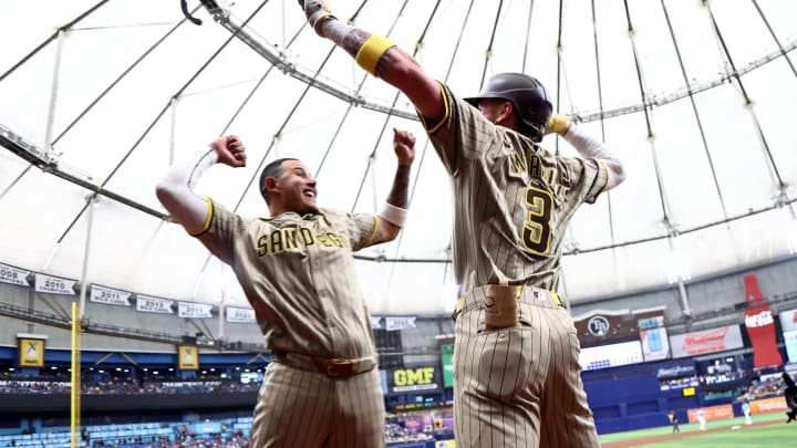 Sep 1, 2024; St. Petersburg, Florida, USA;  San Diego Padres outfielder Jackson Merrill (3) is congratulated by third base Manny Machado (13)  after he hit a 2-run home run against the Tampa Bay Rays during the fourth inning at Tropicana Field. Mandatory Credit: Kim Klement Neitzel-USA TODAY Sports