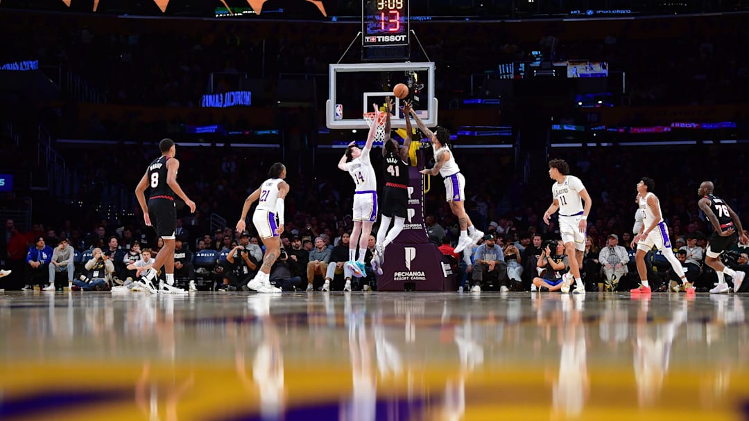 Portland Trail Blazers center Ibou Badji (41) shoots against Los Angeles Lakers center Colin Castleton (14) at Crypto.com Arena. 