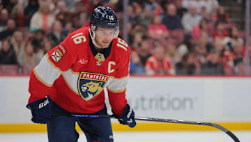 Feb 27, 2025; Sunrise, Florida, USA; Florida Panthers center Aleksander Barkov (16) looks on against the Edmonton Oilers during the first period at Amerant Bank Arena. Mandatory Credit: Sam Navarro-Imagn Images