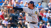 Jun 2, 2025; Oxford, MS, USA; Murray State Racers starting pitcher Isaac Silva (32) reacts during the first inning against the Mississippi Rebels. Mandatory Credit: Petre Thomas-Imagn Images