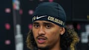Jul 9, 2025; Frisco, TX, USA; Colorado quarterback Julian Lewis speaks with the media during 2025 Big 12 Football Media Days at The Star. Mandatory Credit: Raymond Carlin III-Imagn Images