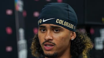 Jul 9, 2025; Frisco, TX, USA; Colorado quarterback Julian Lewis speaks with the media during 2025 Big 12 Football Media Days at The Star. Mandatory Credit: Raymond Carlin III-Imagn Images