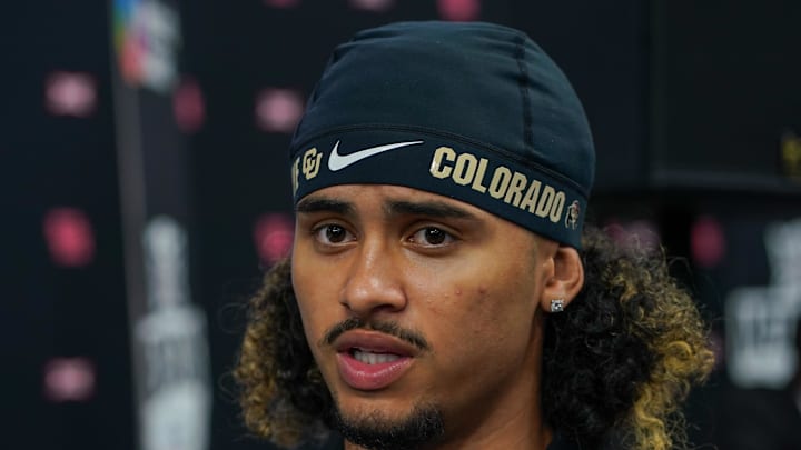 Jul 9, 2025; Frisco, TX, USA; Colorado quarterback Julian Lewis speaks with the media during 2025 Big 12 Football Media Days at The Star. Mandatory Credit: Raymond Carlin III-Imagn Images
