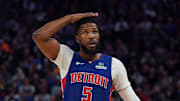 Mar 8, 2025; San Francisco, California, USA; Detroit Pistons guard Malik Beasley (5) signals for a shot clock violation during a game against the Warriors in the fourth quarter at Chase Center. Mandatory Credit: David Gonzales-Imagn Images