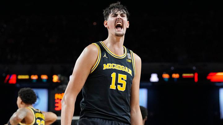 Michigan Wolverines center Aday Mara (15) reacts (Mandatory Credit: Bob Donnan-Imagn Images)