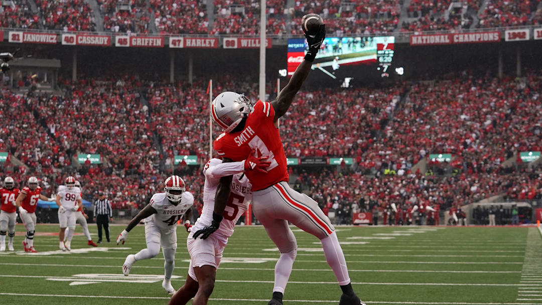 Jeremiah Smith reels in a one-handed catch against Indiana last season.