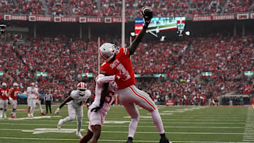 Jeremiah Smith reels in a one-handed catch against Indiana last season.