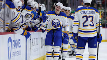Nov 29, 2025; Saint Paul, Minnesota, USA; Buffalo Sabres right wing Josh Doan (91) celebrates his goal against the Minnesota Wild during the third period at Grand Casino Arena. Mandatory Credit: Matt Krohn-Imagn Images