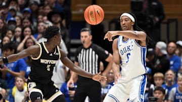Nov 16, 2024; Durham, North Carolina, USA; Duke basketball forward Maliq Brown (6) pass the ball during the first half against the Wofford Terriers at Cameron Indoor Stadium. 