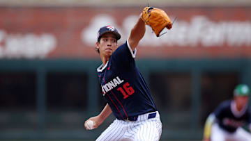Jul 12, 2025; Atlanta, GA, USA;  National League pitcher Jonah Tong (16) throws a pitch during the second inning against American League at Truist Park. Mandatory Credit: Brett Davis-Imagn Images