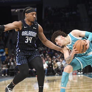 Mar 25, 2025; Charlotte, North Carolina, USA;  Charlotte Hornets guard LaMelo Ball (1) looks to drive past Orlando Magic center Wendell Carter Jr. (34) during the second half at the Spectrum Center. Mandatory Credit: Sam Sharpe-Imagn Images