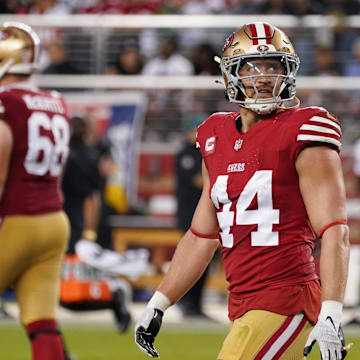 Sep 9, 2024; Santa Clara, California, USA; San Francisco 49ers fullback Kyle Juszczyk (44) waits for the action to resume in the third quarter against the New York Jets at Levi's Stadium. Mandatory Credit: David Gonzales-Imagn Images