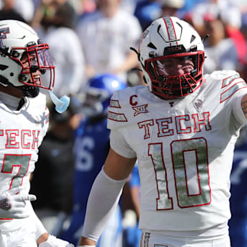 Texas Tech Red Raiders defensive back Jacob Rodriguez (10) reacts after a play against the Brigham Young Cougars at Jones AT&T Stadium. 