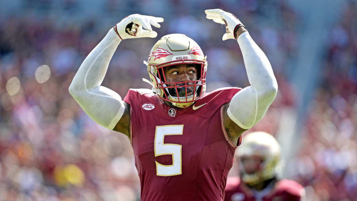Oct 14, 2023; Tallahassee, Florida, USA; Florida State Seminoles defensive end Jared Verse (5)