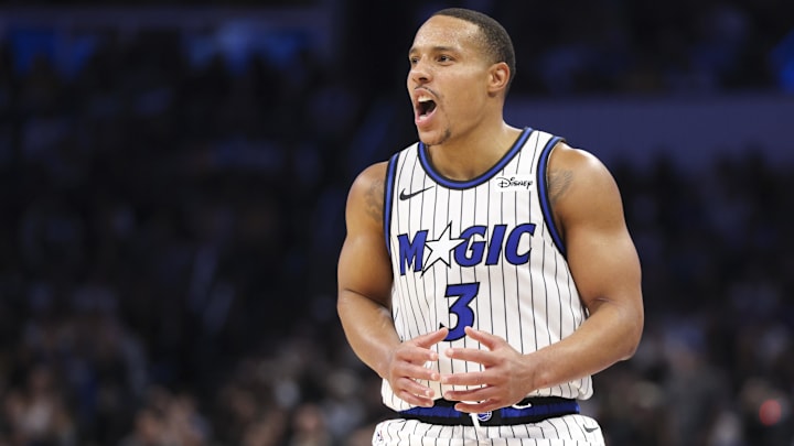 Mar 21, 2026; Orlando, Florida, USA; Orlando Magic guard Desmond Bane (3) reacts after a play against the Los Angeles Lakers in the fourth quarter at Kia Center. Mandatory Credit: Nathan Ray Seebeck-Imagn Images