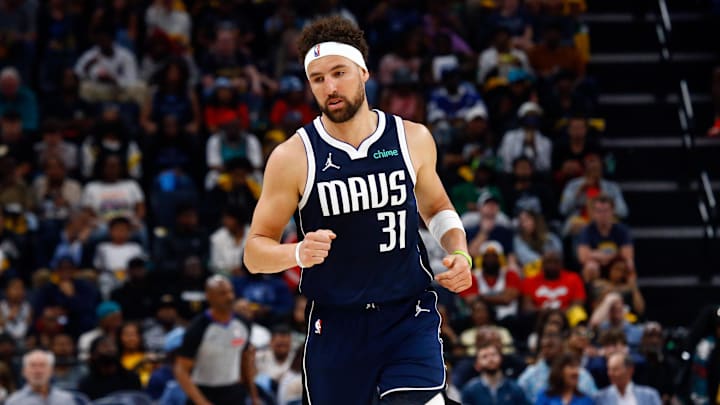 Apr 18, 2025; Memphis, Tennessee, USA; Dallas Mavericks guard Klay Thompson (31) reacts during the third quarter against the Memphis Grizzlies at FedExForum. Mandatory Credit: Petre Thomas-Imagn Images