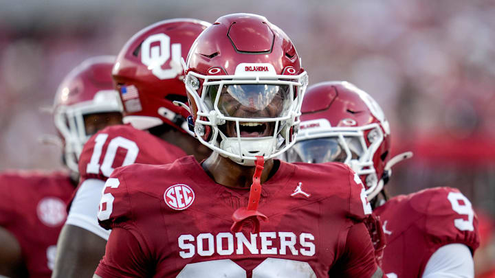 Oklahoma defensive back Kani Walker (26) yells to fans in the first half of an NCAA football game between Oklahoma (OU) and Temple at the Gaylord Family Oklahoma Memorial Stadium in Norman, Okla., on Friday, Aug. 30, 2024.