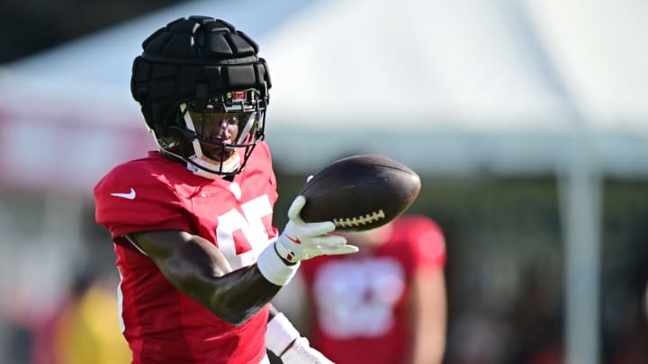 TAMPA, FLORIDA - JULY 29: Latreal Jones #85 of the Tampa Bay Buccaneers catches a pass during training camp at AdventHealth Training Center on July 29, 2024 in Tampa, Florida. (Photo by Julio Aguilar/Getty Images)