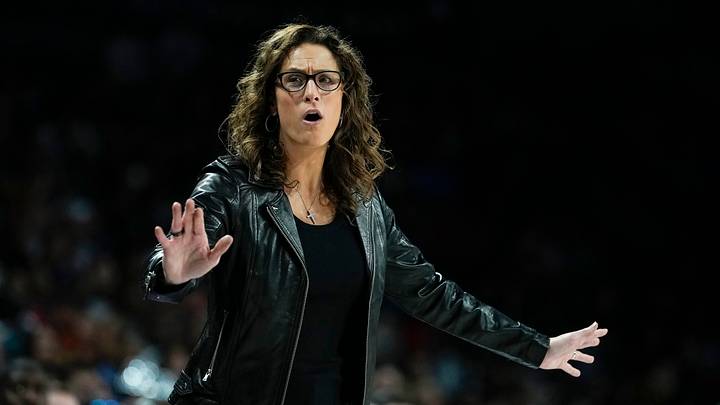 Oct 1, 2026; Las Vegas, Nevada, USA;  Indiana Fever head coach Stephanie White reacts during the first quarter of game three of the first round for the 2026 WNBA Playoffs against the Las Vegas Aces at Michelob Ultra Arena.  Mandatory Credit: Lucas Peltier-Imagn Images