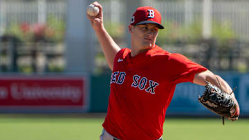 Former Boston Red Sox pitcher Quinn Priester (68) throws a pitch during spring training at Jet Blue Park at Fenway South.